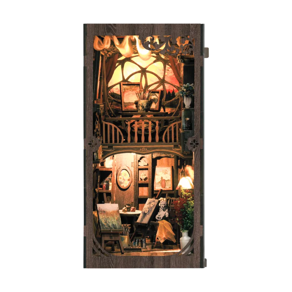 Wooden miniature model of an art gallery featuring famous paintings displayed on the walls with warm lighting and detailed interior decor.