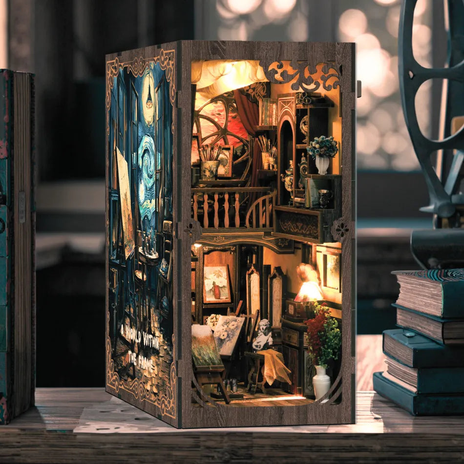 Art gallery booknook with intricate details and lighting effects.