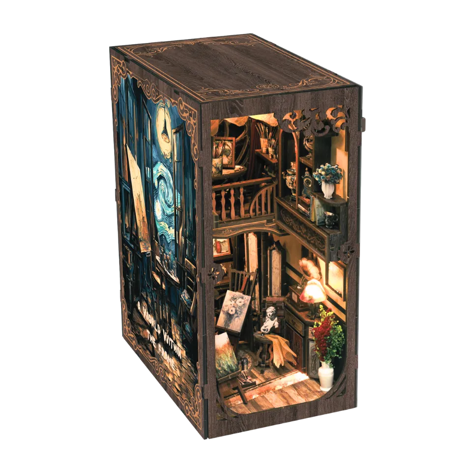 Book nook with intricate miniature scenes inside on a white background