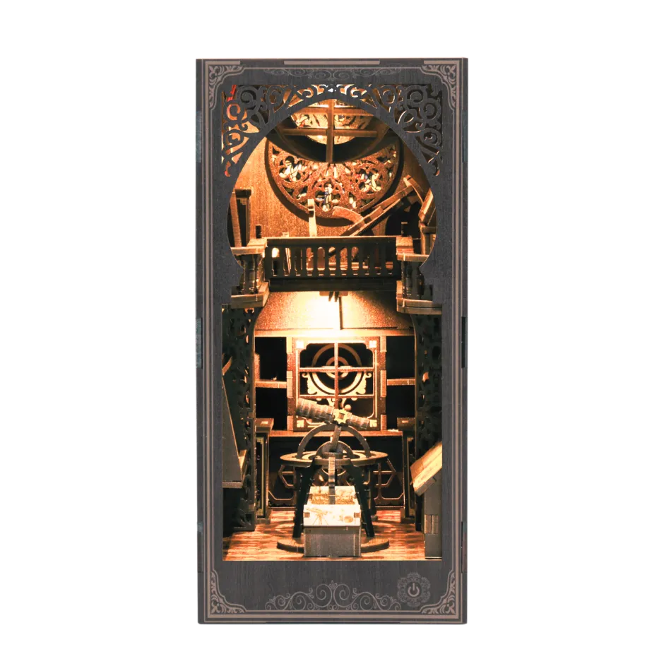 Miniature wooden observatory diorama with intricate gears, telescope, warm lighting, and steampunk-inspired interior design.