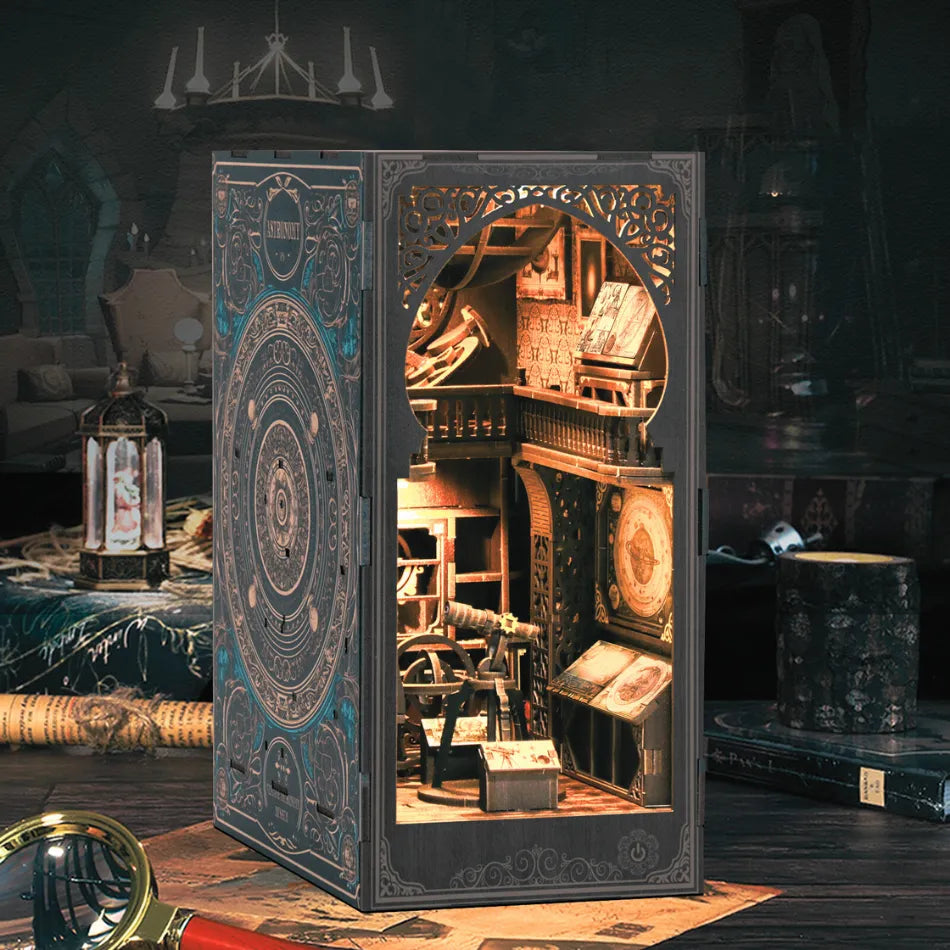 Miniature wooden observatory diorama with intricate gears, telescope, warm lighting, and steampunk-inspired interior design.
