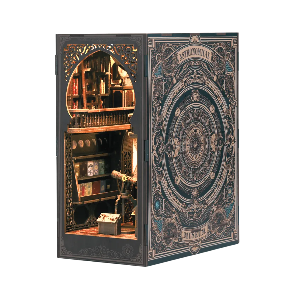 Miniature wooden observatory diorama with intricate gears, telescope, warm lighting, and steampunk-inspired interior design.