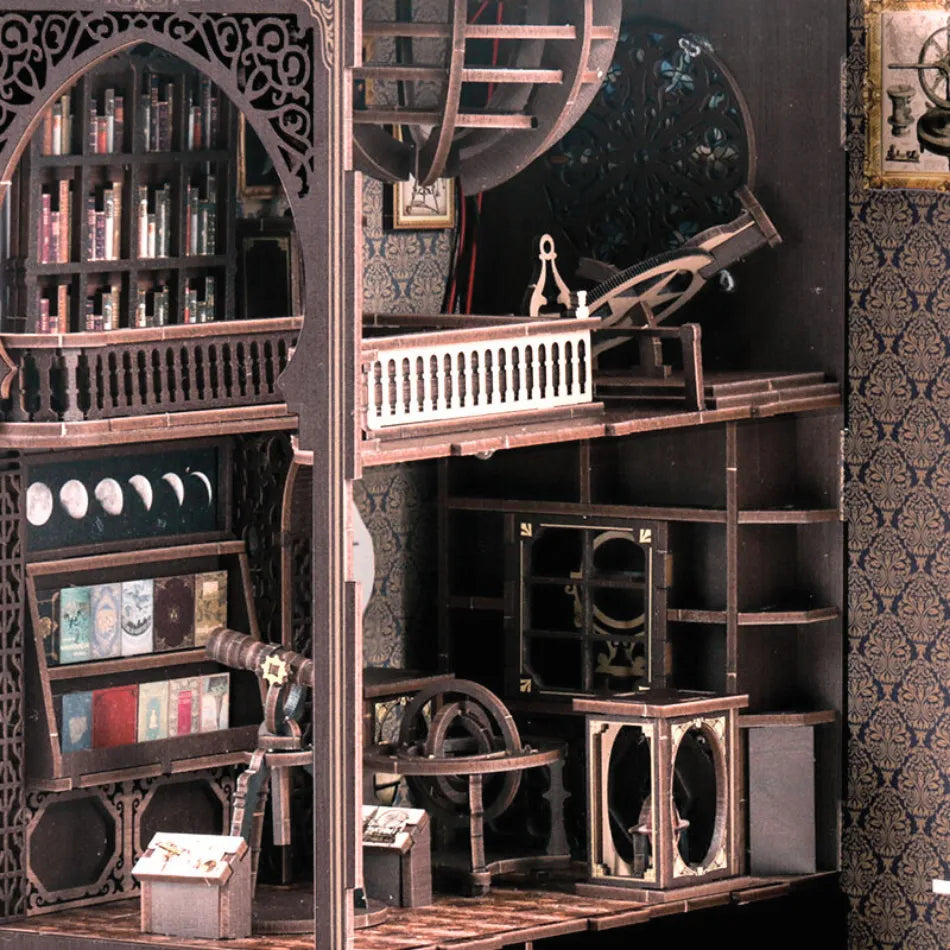 Miniature wooden observatory diorama with intricate gears, telescope, warm lighting, and steampunk-inspired interior design.