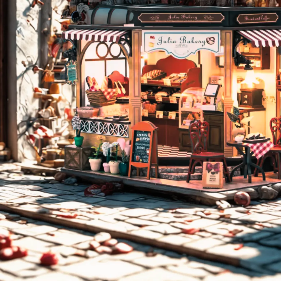 Miniature bakery model with detailed interior and exterior on a stone pavement.