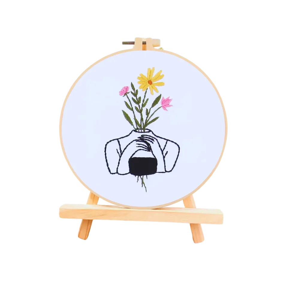 Embroidery hoop with floral design on a white background
