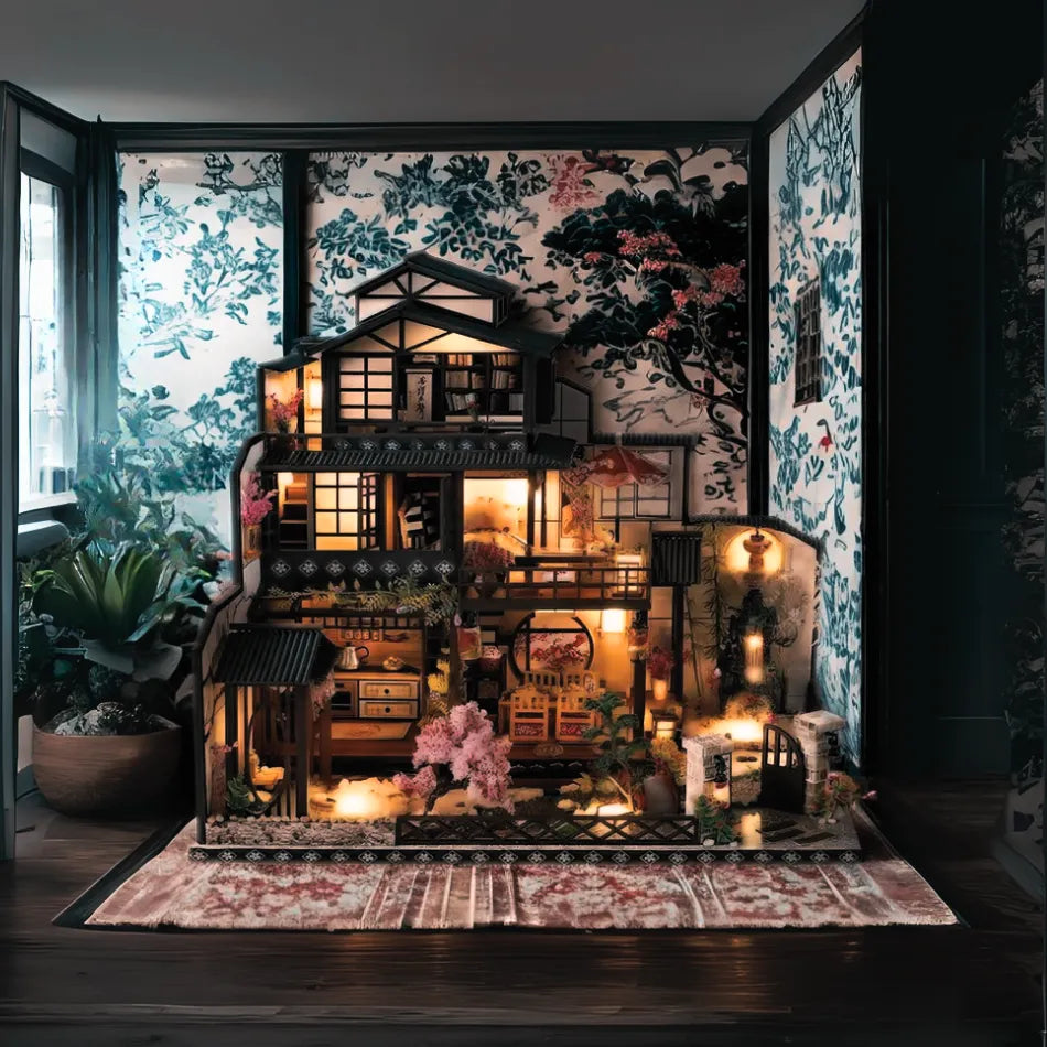 Detailed model of a house with decorative elements in a room with floral wallpaper.