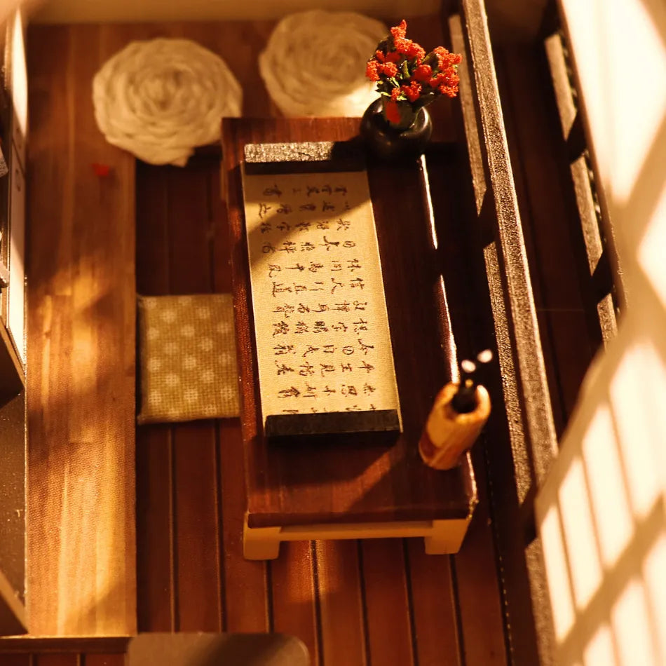 Wooden desk with calligraphy on a wooden surface