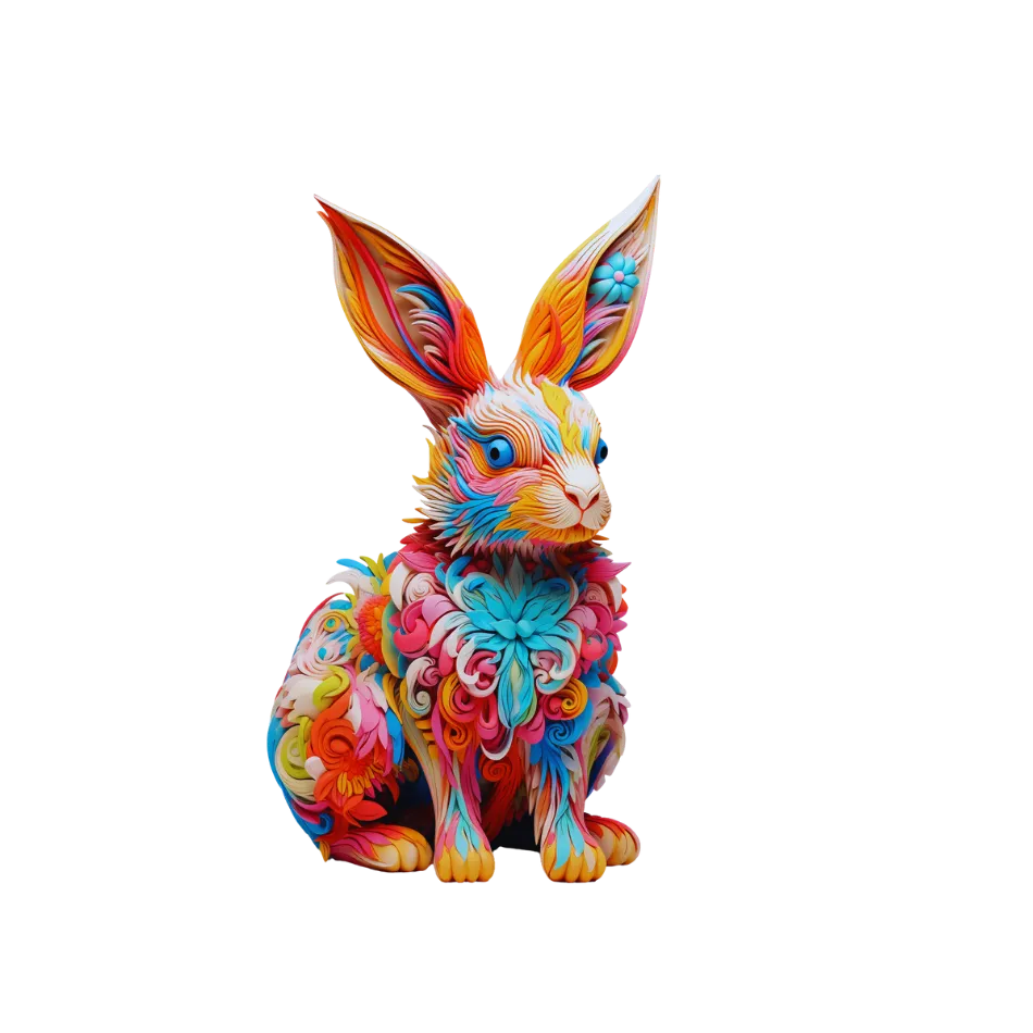 Colorful rabbit figurine jigsaw puzzle with intricate patterns on a white background