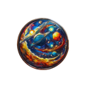 Circular artwork of a cosmic scene with planets and stars on a white background