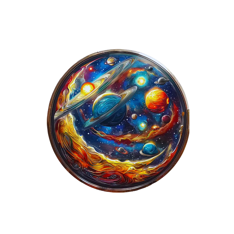 Circular artwork of a cosmic scene with planets and stars on a white background