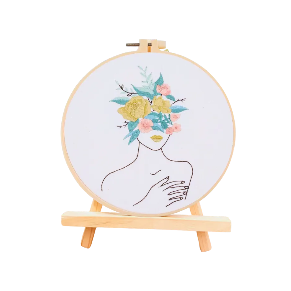Embroidery hoop with a floral design on a white background