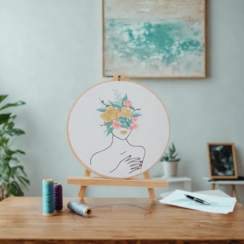 Embroidery hoop with floral design on a wooden table, with plants and a painting in the background.