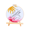 Embroidery hoop with a colorful abstract design on a white background