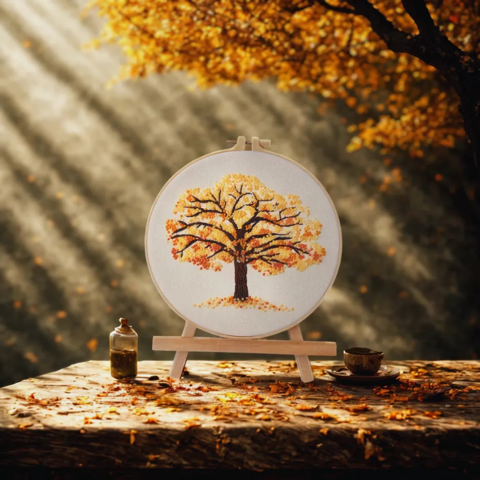 Embroidery hoop with autumn tree design on a wooden table with a blurred background of trees and leaves.