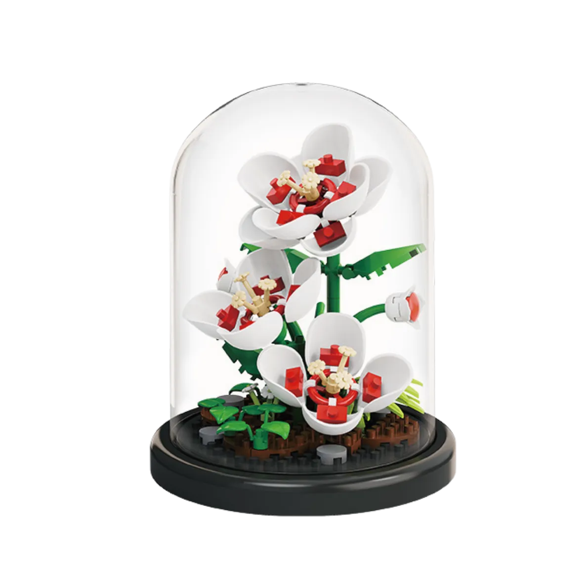 hibiscus flower block model displayed under a clear dome cover on a black base