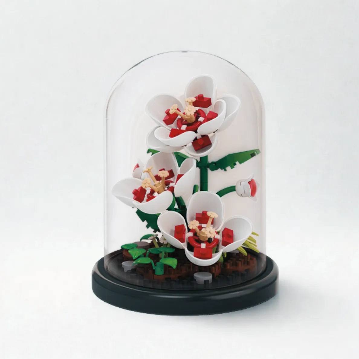 hibiscus flower block model displayed under a clear dome cover on a black base