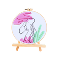 Embroidery hoop with a woman's face design on a white background