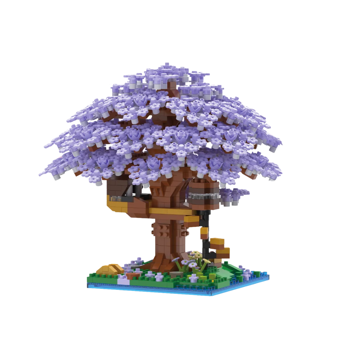 Purple sakura building block pieces displayed on a white background — vibrant DIY cherry blossom block set for craft lovers.