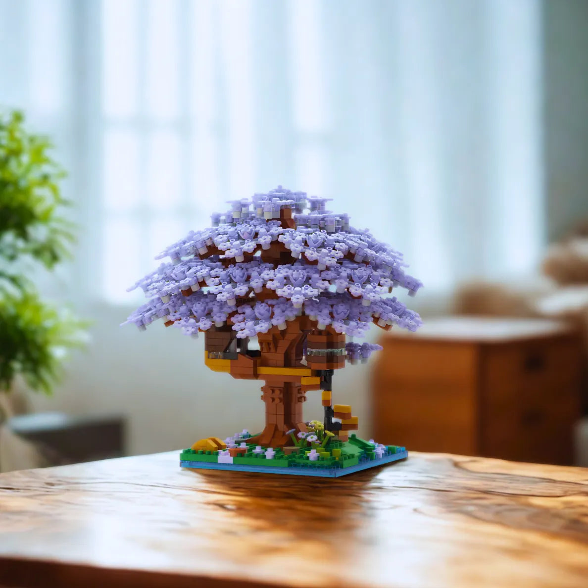 Purple sakura building block pieces displayed on a white background — vibrant DIY cherry blossom block set for craft lovers.