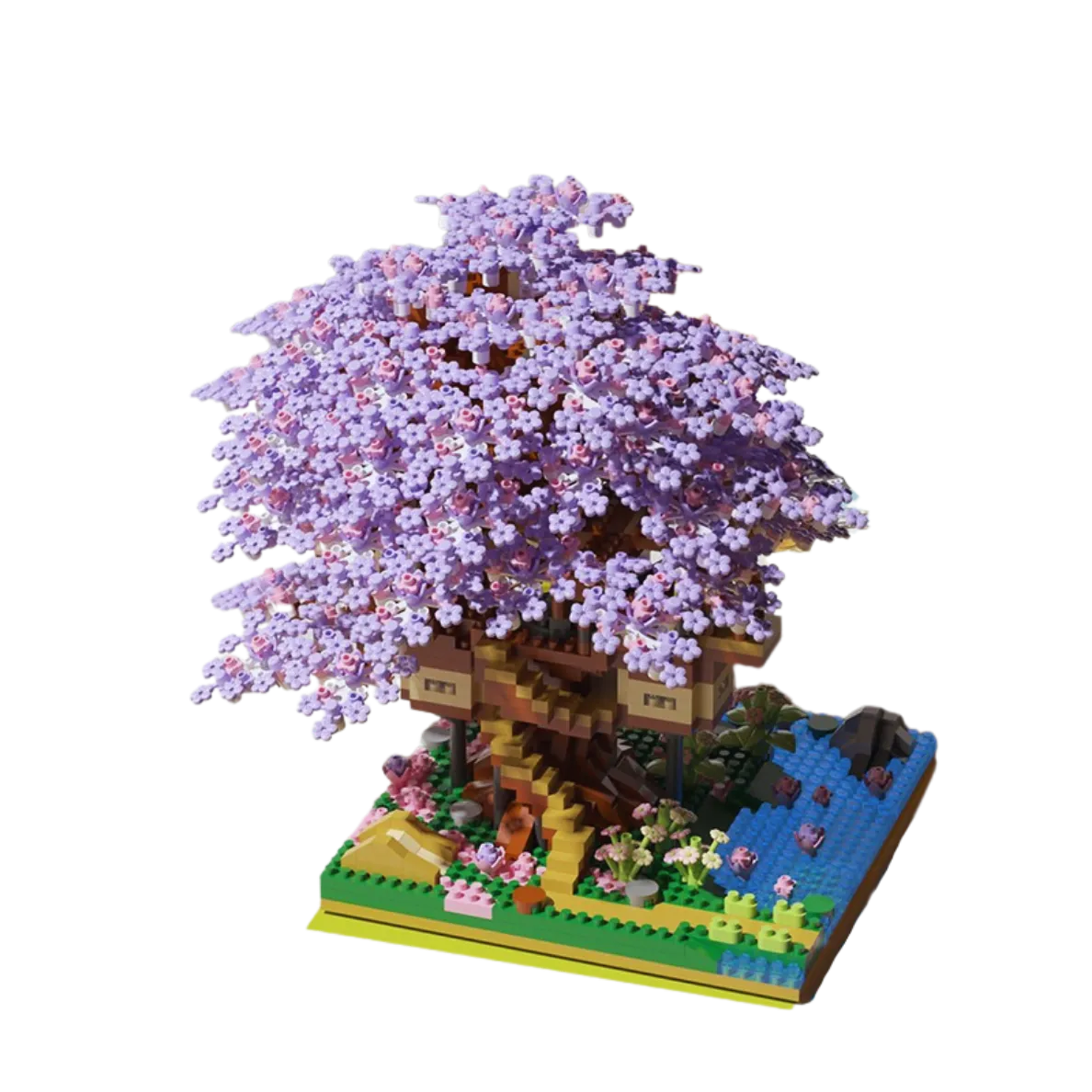 Purple sakura building block pieces displayed on a white background — vibrant DIY cherry blossom block set for craft lovers.