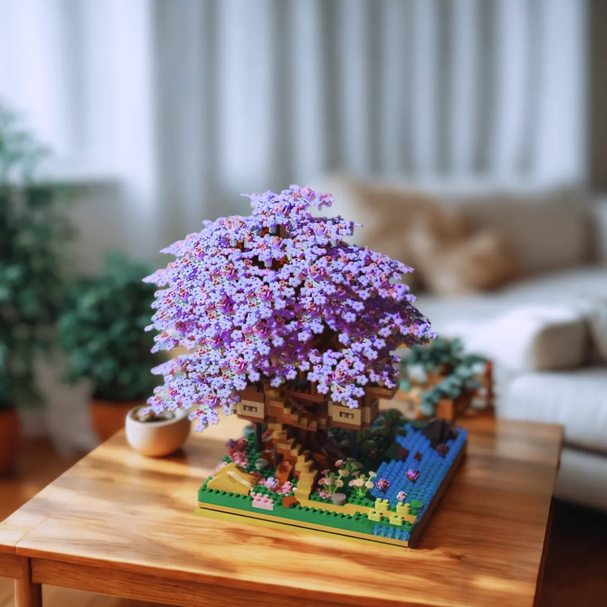 Purple sakura building block pieces displayed on a white background — vibrant DIY cherry blossom block set for craft lovers.