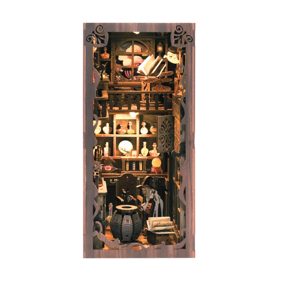 Decorative door with intricate design and shelves filled with various items on a white background