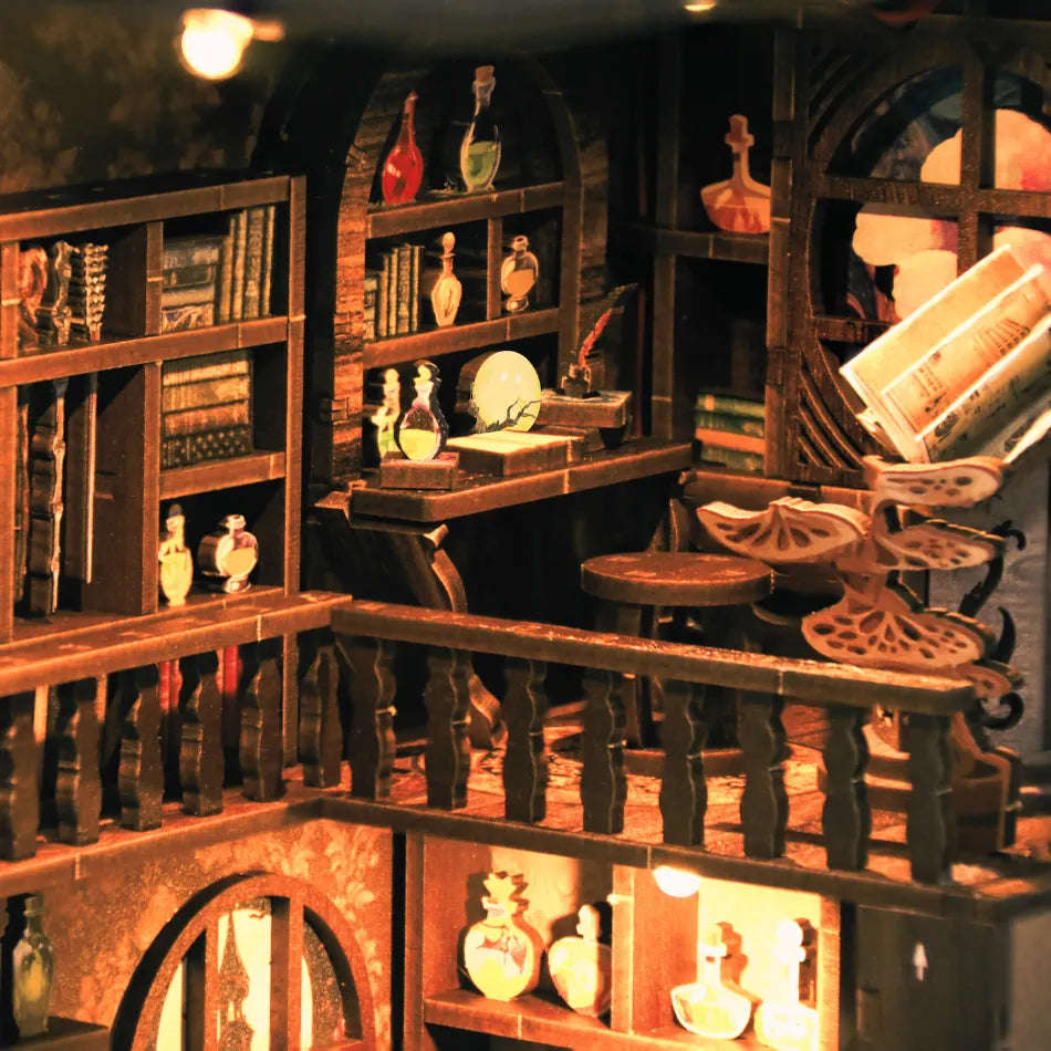 Wooden bookshelf with decorative items in a cozy room setting