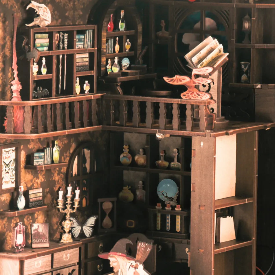 Wooden bookshelf with various decorative items in a darkly lit room