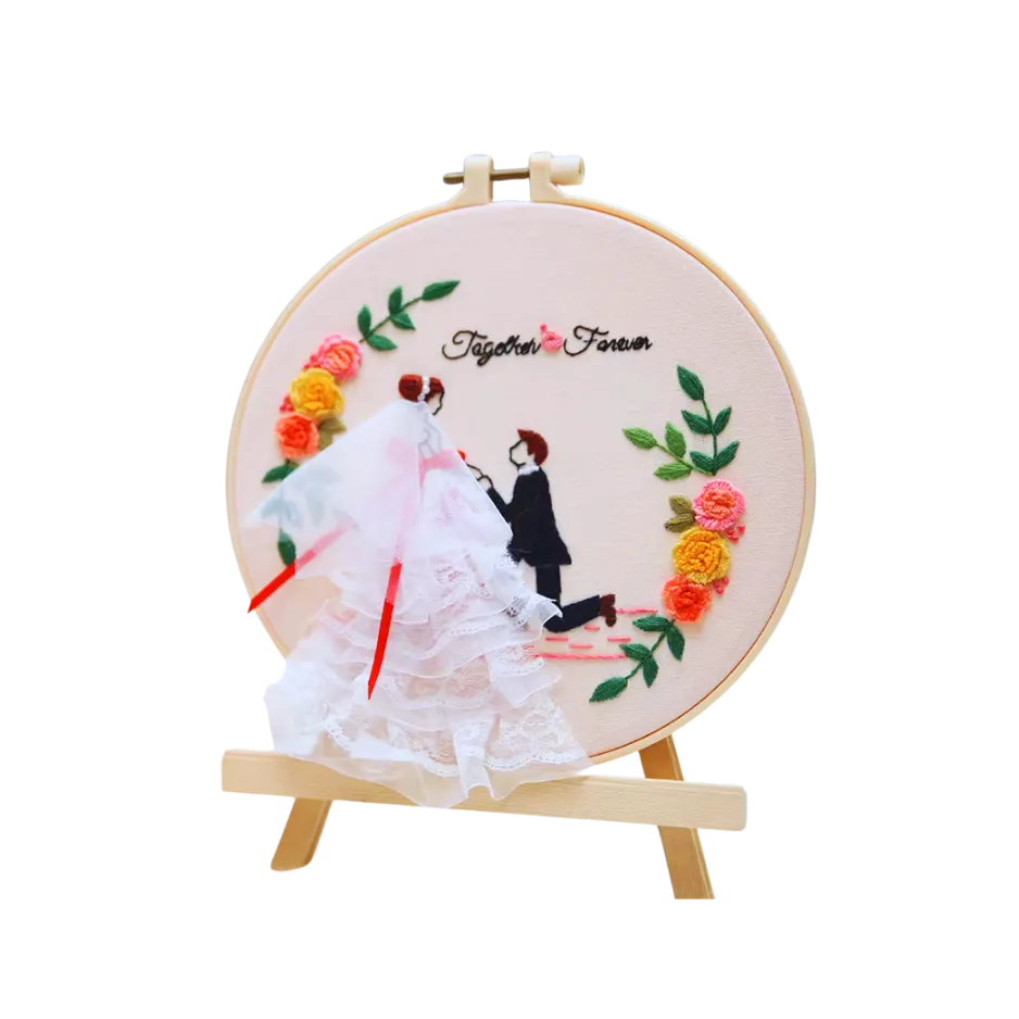 Embroidery hoop with a couple in wedding attire and floral design on a white background