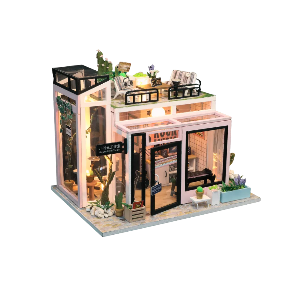 Model of a rock music studio with interior details on a white background