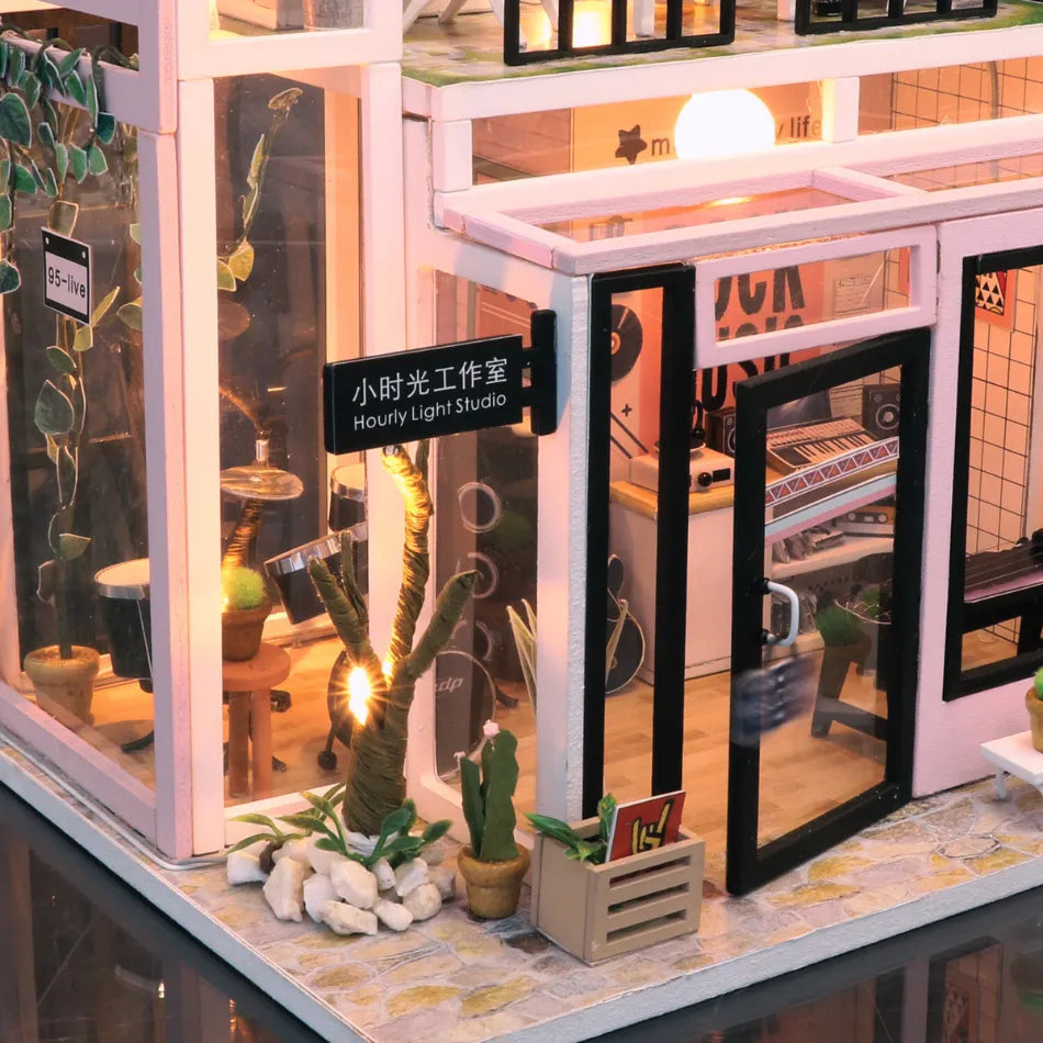 Miniature model of a cafe with indoor plants and decor