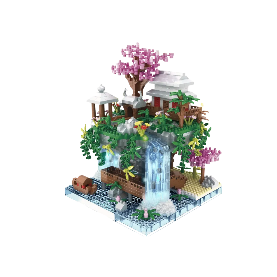 Toy building set with cherry blossom tree, waterfall, and pagoda on a white background
