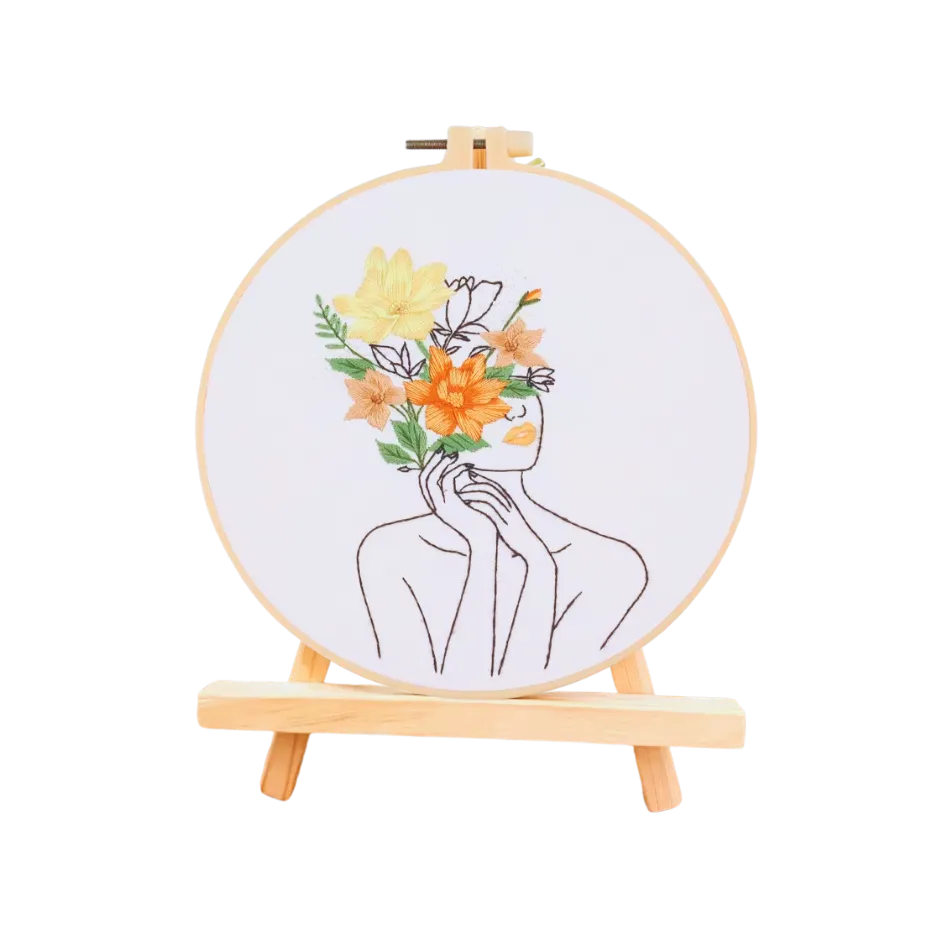 Embroidery hoop with floral design on a white background
