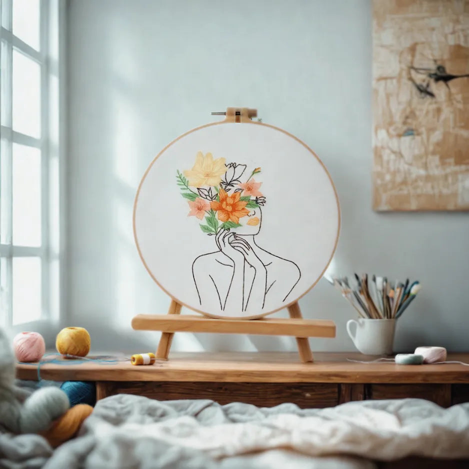 Embroidery hoop with floral design on a wooden stand in a room setting.
