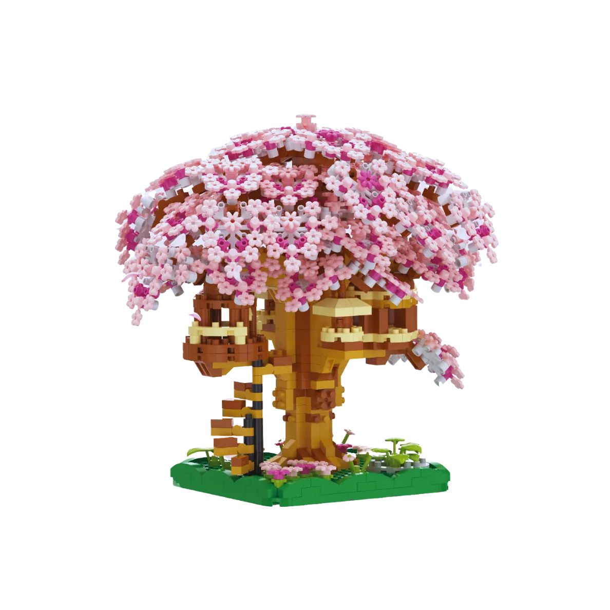Model of a treehouse with cherry blossom branches on a white background