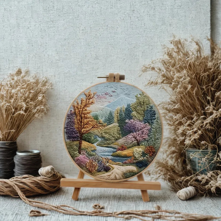 Embroidery hoop with a nature-themed design on a stand, surrounded by decorative elements.