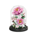Elegant pink and white flower block display set under a clear dome cover on a black base — a creative DIY floral model kit from QualiBoxz for mindful crafting and home decoration.