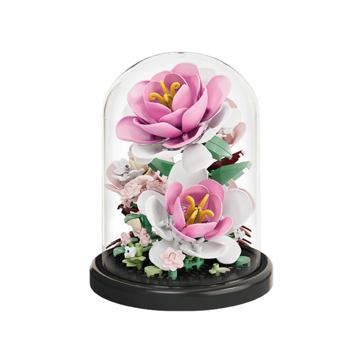Elegant pink and white flower block display set under a clear dome cover on a black base — a creative DIY floral model kit from QualiBoxz for mindful crafting and home decoration.