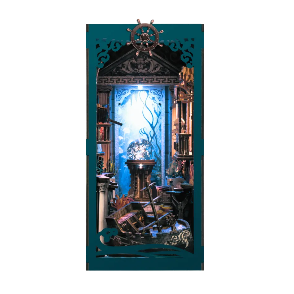 Decorative booknook with a ship's wheel and ocean-themed design on a white background