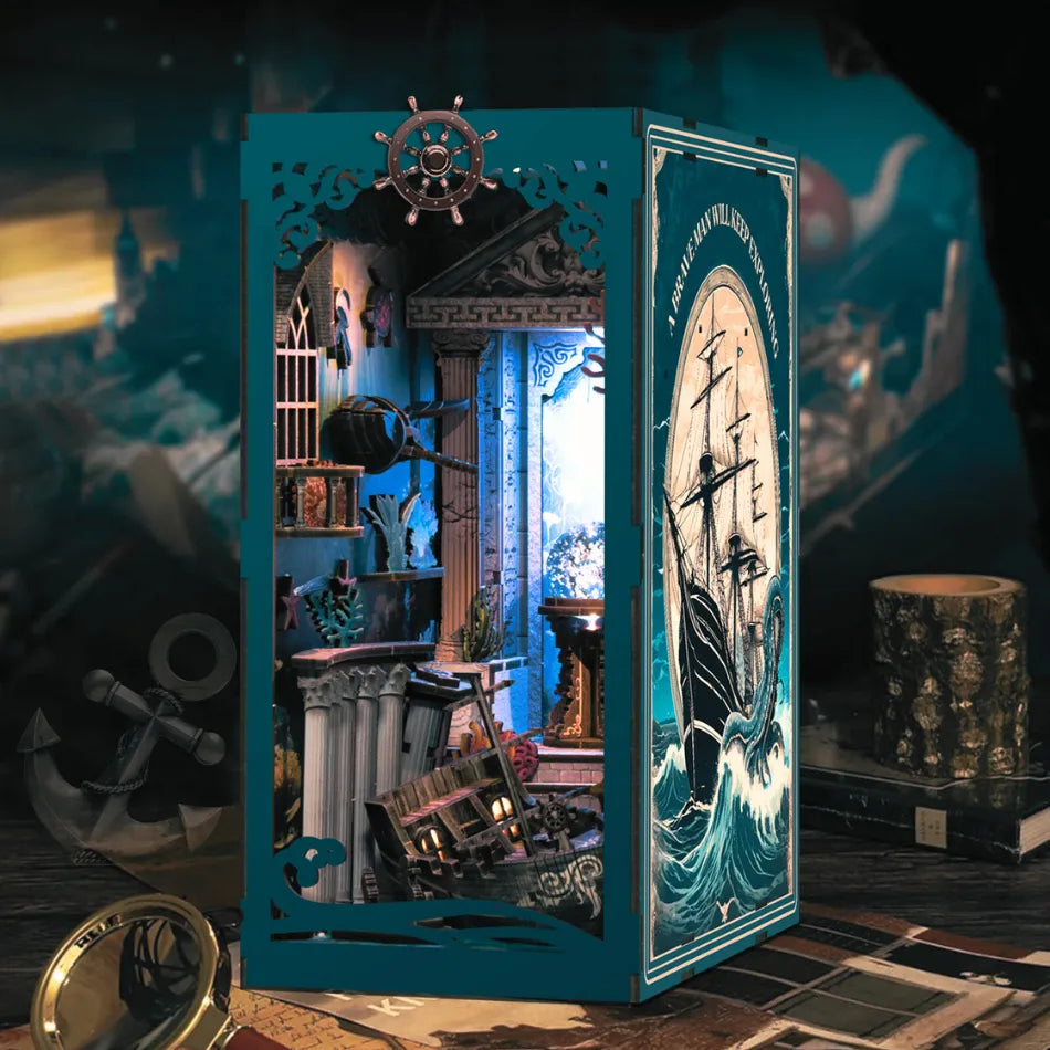 Decorative booknook with ship design and nautical elements on a dark background