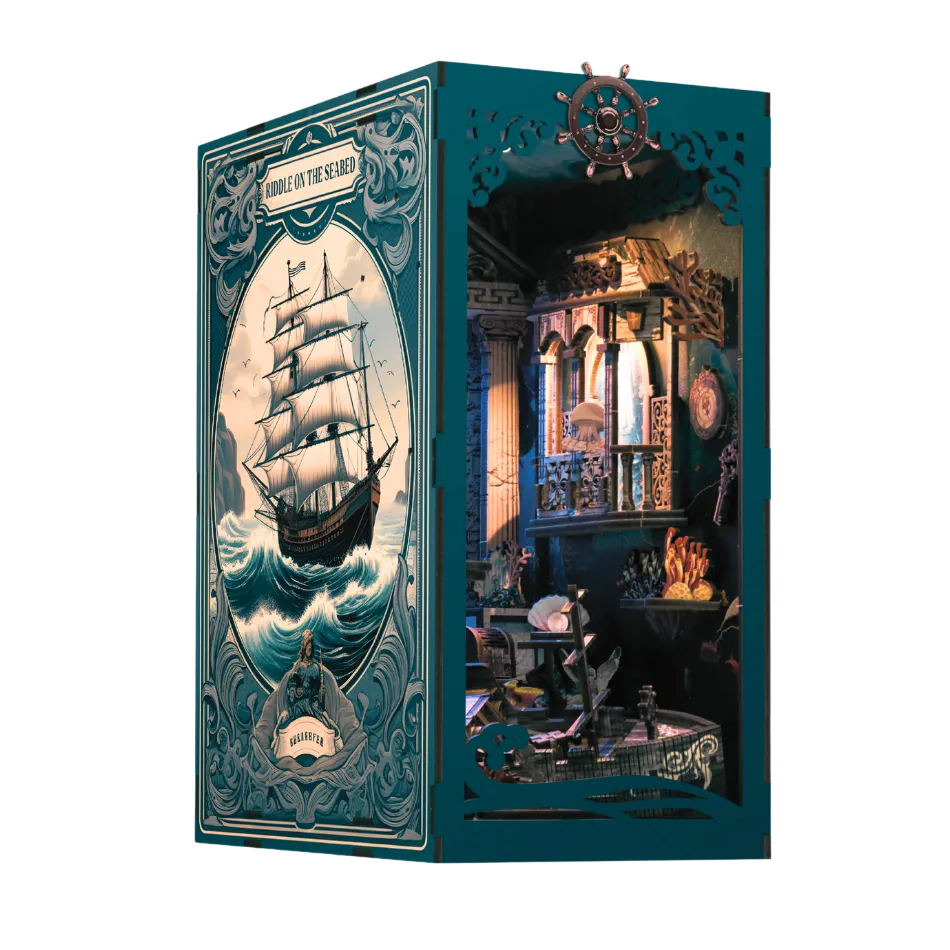 Decorative booknook with ship design on a white background