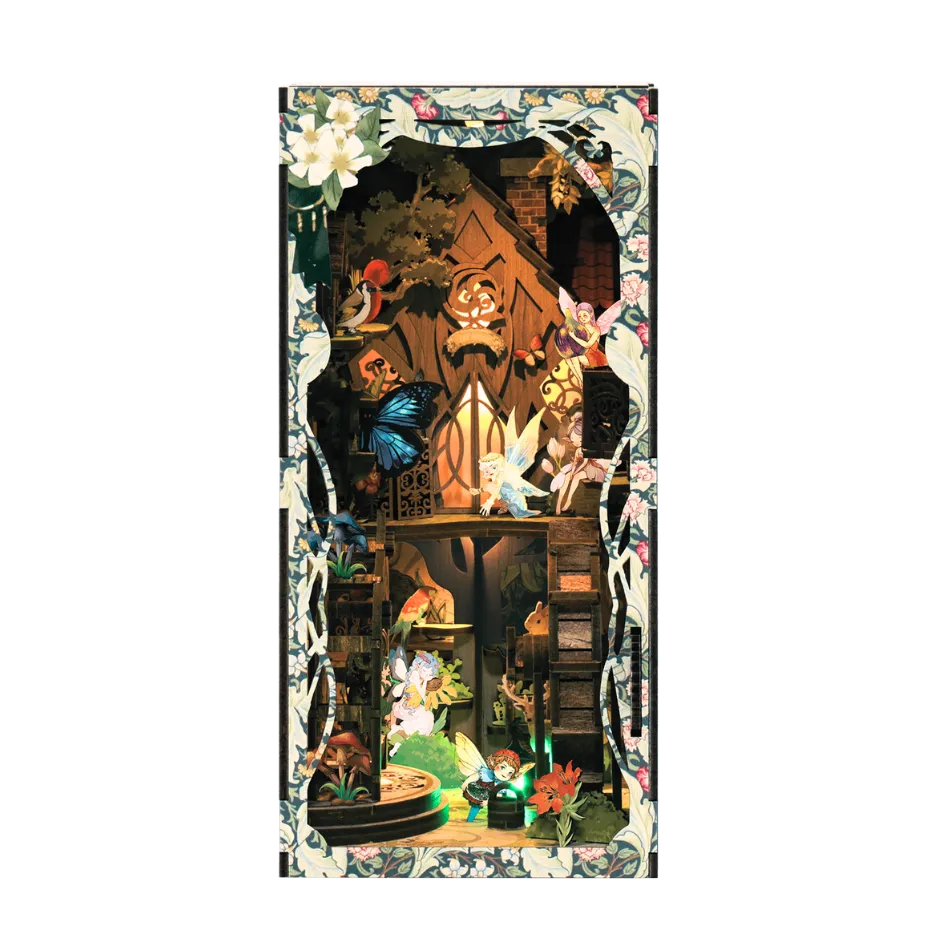 Miniature wooden fairy house diorama with glowing lights, colorful fairies, butterflies, flowers, and intricate fantasy forest details.