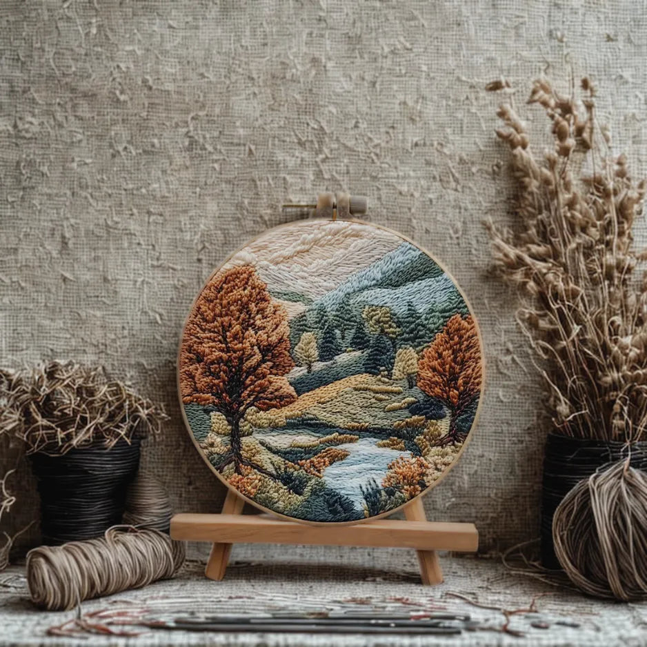 Embroidery hoop with a landscape design on a textured wall background