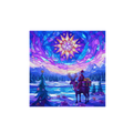 Festive scene with a reindeer, Santa, and Christmas trees under a starry sky.