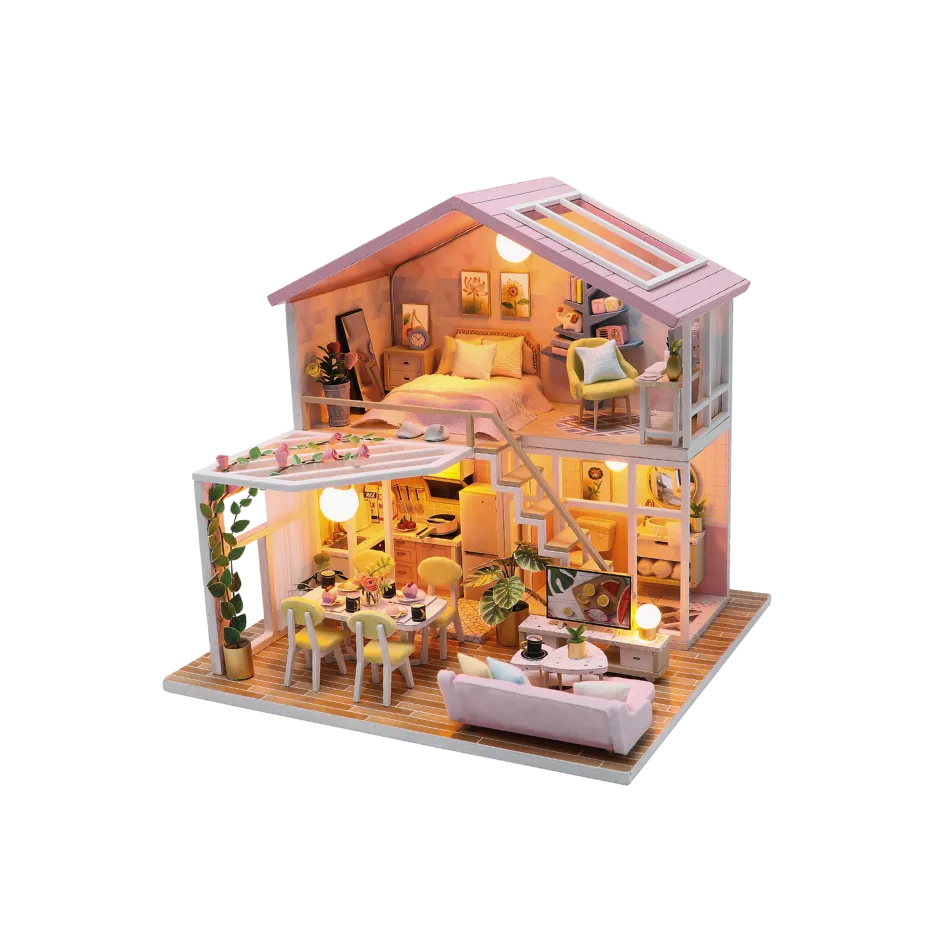 Model of a dollhouse with furniture and lighting on a white background