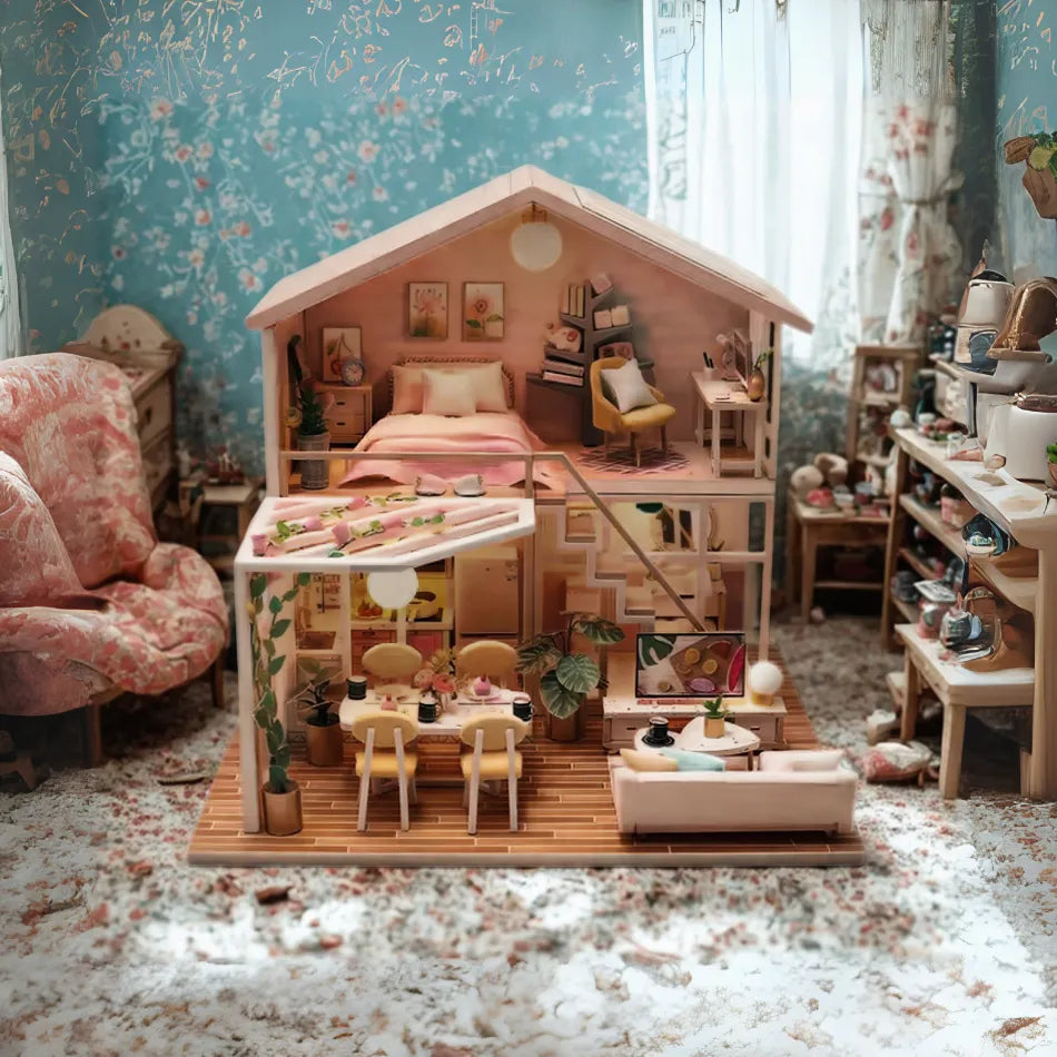 Miniature dollhouse with detailed furniture and decor in a room with floral wallpaper.
