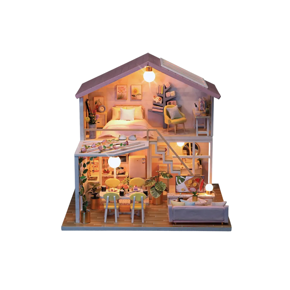 Model of a house with interior furniture and lighting on a white background