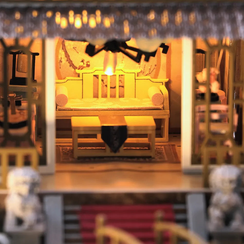 decorative setting with lights and furniture.