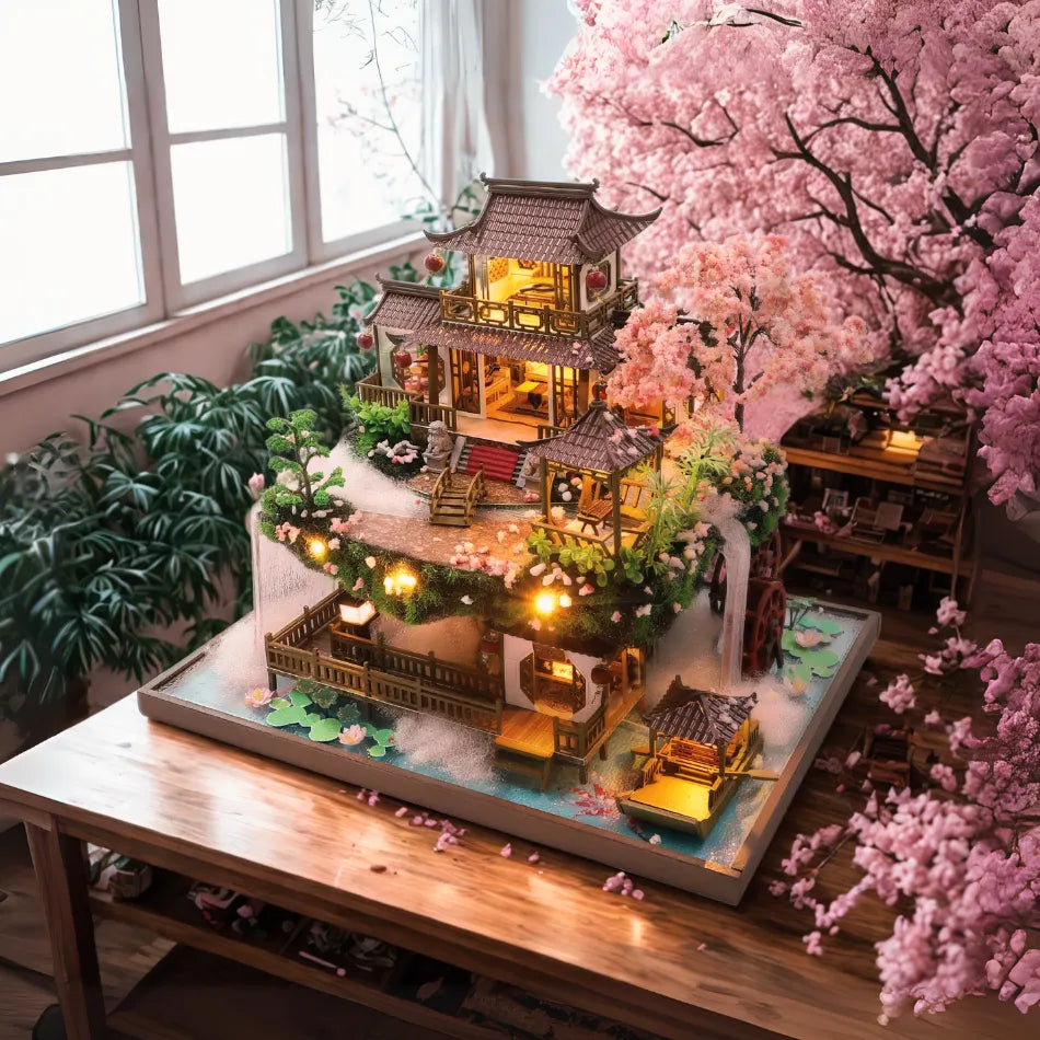 DIY miniature Asian-style watermill house with warm lights, cherry blossom tree, waterfall, and wooden bridges — detailed craft model kit on a transparent background.
