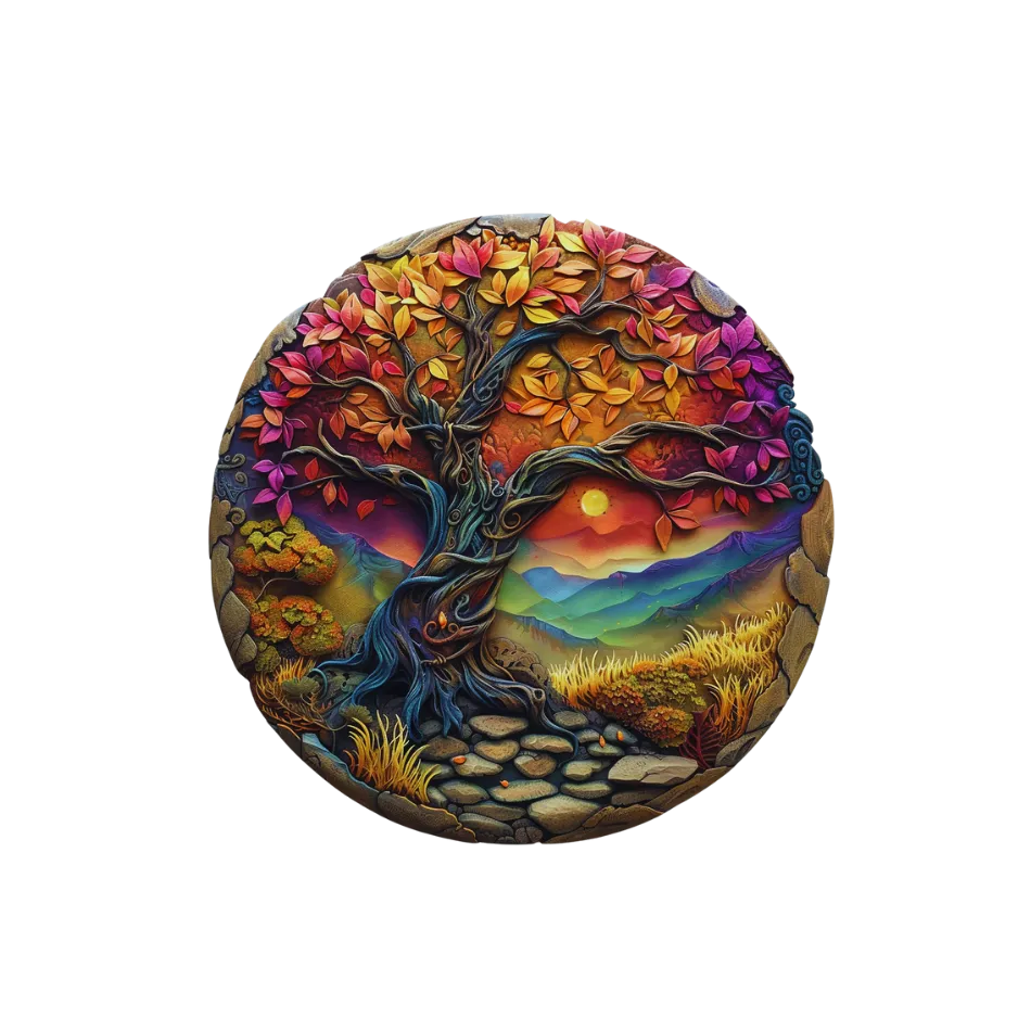 Colorful tree of life jigsaw puzzle  with a sunset background on a white background